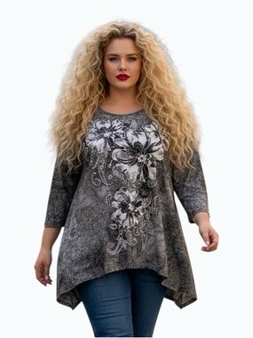 Christopher & Banks Gray Floral Embellished Sharkbite Tunic Blouse 1X